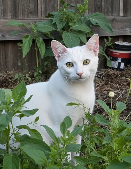 realistic photo of vanillacat, a white cat, ultra high quality, very detailed fur, sharp focus, highly detailed, <lora:uai_VanilyaCat_v102:1>, <lora:Backyard_Suburbs:1>, Backyard_Suburbs backyard background, fence, plants, buckets