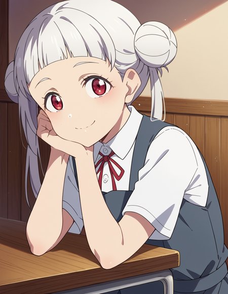 score_9, score_8_up, score_7_up, source_anime, <lora:chisato-arashi-s2-ponyxl-lora-nochekaiser:1>, chisato arashi, long hair, bangs, red eyes, twintails, white hair, blunt bangs, hair bun, double bun,, shirt, dress, ribbon, school uniform, white shirt, short sleeves, collared shirt, red ribbon, neck ribbon, pinafore dress, grey dress, summer uniform, yuigaoka school uniform,, indoors, smile, looking at viewer, solo, sitting, head rest, table,, cowboy shot, dutch angle