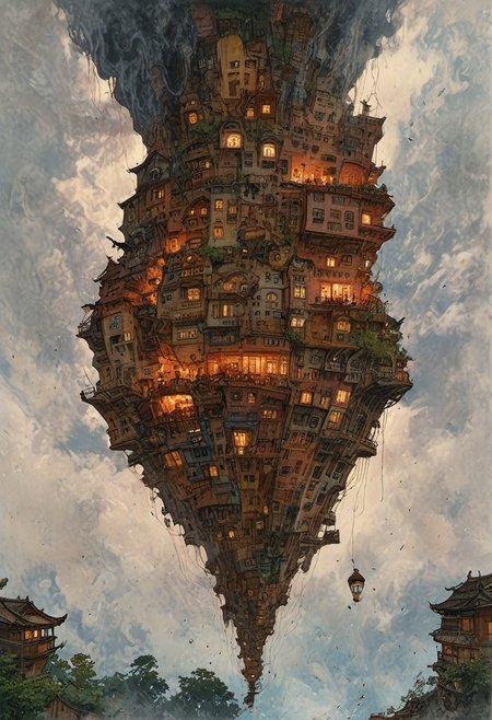 8k highly detailed ❤️‍🔥 🔥 💀 🤖 🚀, houses on stilts, futurama, pulled into the spiral vortex, inhabited on many levels, kyoto, otclillsn, FRESHIDEAS Real Photography 2#, fenliexl, mixed media, surrealism, great lighting, In a surreal dreamscape, a cityscape with impossible architecture emerges from the swirling mist. Distorted skyscrapers twist like Escher-esque staircases, while streets warp into Mobius strips. A lone figure, suspended mid-air, appears trapped in an optical illusion of reflections and refractions. The sky above ripples like water, distorting the sense of up and down. In this bizarre landscape, one altered element can send the entire scene careening into chaos.