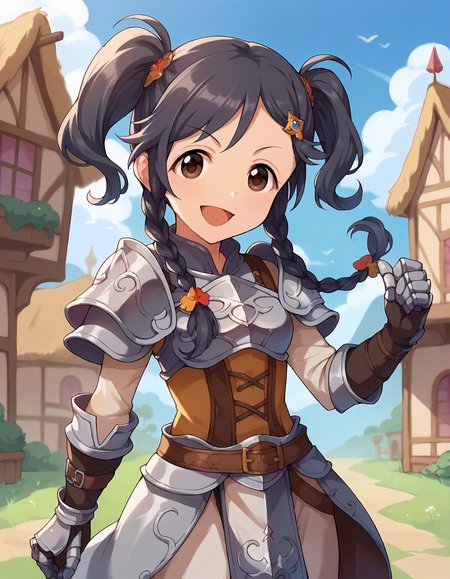 score_9,score_8_up,score_7_up,1girl,solo,cowboy shot,looking at viewer,smile,open mouth,fantasy town,
<lora:miyoshisana_ponyXLV6:0.8>,cgmsn,black hair,twin braids,twintails,brown eyes,hair ornament,
silver armor