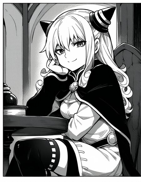 score_9, score_8_up, score_7_up, source_anime, <lora:ashe-talton-manga-ponyxl-lora-nochekaiser:1>, rengoku ashe, long hair, greyscale, monochrome,, thighhighs, long sleeves, capelet, cape, dress, white dress,, indoors, sitting, head rest, table,, smile, looking at viewer, solo,, cowboy shot, dutch angle