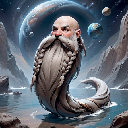 Harry_Dwarf,  full body,  long  Silver beard, braided moustache, bald, bangles, <lora:Harry_Dwarf_1.5:1>, Swimming rocky planet background, galaxy in sky  <lora:add-detail-xl:0.8>