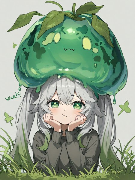 {{{nahida (genshin impact)}}}, twintails, on_head, slime, slimel_on_head, green slime, solo, looking_at_viewer, long_hair, grass,leaf,slime_on_head, head_rest, animal, simple_background, grey_background, :t, long_sleeves, hair_between_eyes, upper_body, grey_shirt, shirt, pout, bangs, closed_mouth, sweater, english_text
,masterpiece,best quality,amazing quality,very aesthetic,absurdres