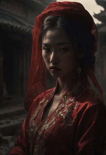 best quality, masterpiece, hyper-realistic (realistic: 1.4), Oriental ancient house in the background, Breakdown, Broken face, 1 Oriental girl, Red coat, Wedding dress, Red veil, Phantom smoke: 1. 2） ，Upper body，beauty girl，full bulling，