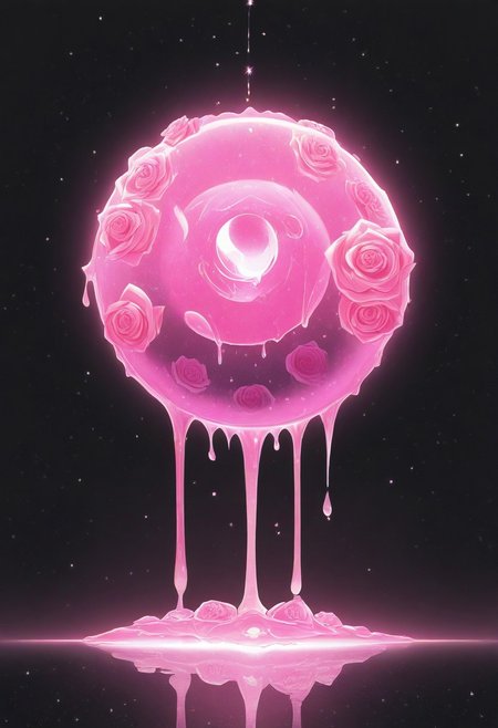 (masterpiece), best quality, Anime, Illustration, (Floating Sphere, Crystal, Magic, Reflection, Melting, Dripping, Pink Rose), Black Background, No Humans, Starry Theme, (Light Refraction), White and Pink Theme, Natural Lighting
