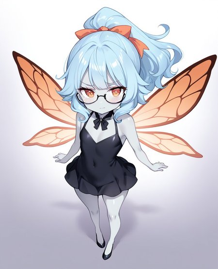 score_9, score_8_up, score_7_up, score_6_up, 1girl, solo, perfect hand, flat_chest ,((grey_skin:1.2)) ,skinny ,thin_hips ,minidress ,medium_hair ,blue_hair ,colorful_eyes ,ponytail ,wavy_hair ,insect_wings ,bangs ,glasses ,glasses ,from_above ,embarrassed ,neutral_pose