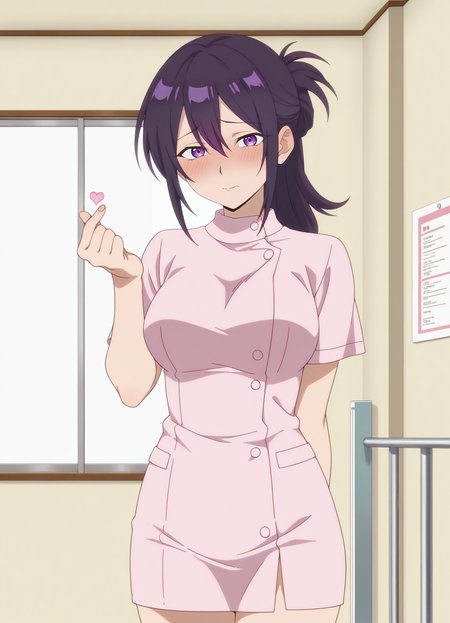 1girl,solo,mm,mature female,purple eyes,purple hair,long hair,ponytail,anime coloring,
nurse, embarrassed, cowboy shot, looking at viewer, indoors ,finger heart, 
,masterpiece,best quality,amazing quality,<lora:Motoko_Izumi-Kawaii_dake_ja_Nai_Shikimori-san:0.8>
