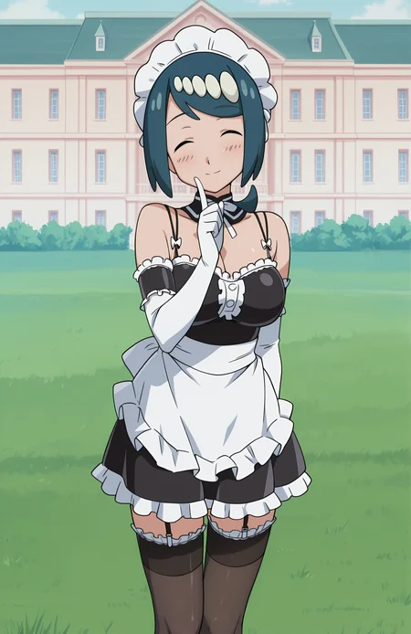 <lora:anatomy_helper:0.8> 1girl, solo, <lora:KoWaGo-IL:0.8> himm,
lana's mother \(pokemon\), blue hair, bob cut, ponytail, hair ornament, blue eyes,
koremaid, bare shoulders, elbow gloves, white gloves, detached collar, arm garter, garter straps, spaghetti strap, black thighhighs, frilled thighhighs, maid headdress, black footwear,
outdoors, mansion, grass, = =, happy aura, closed eyes, light smile,,index finger on eyes, tougue out, extremely detailed, highres, masterpiece, best quality