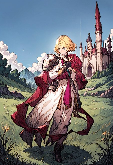 score_9, score_8_up, score_7_up,perfect eyes,1boy, BLONDE HAIR,  SOLO,  GLOVES, BLACK GLOVES, PAULDRONS, CAPE, DRESS, outside, castle, sky, grass, arms crossed, looking to the side