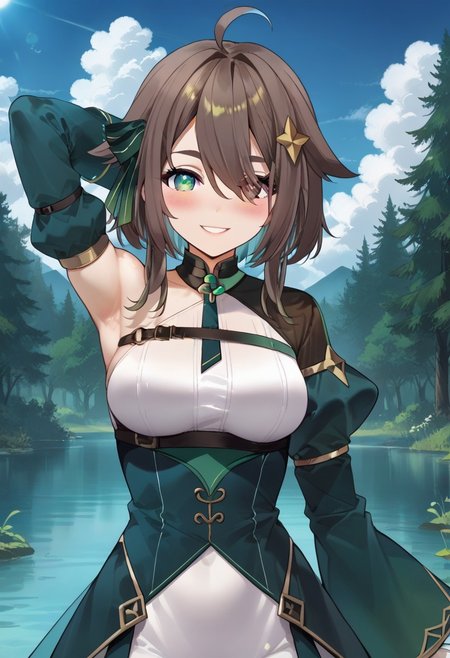 masterpiece, best quality, highly detailed, score_9, score_8_up, score_7_up, score_6_up, anime style, 
BREAK 
1girl Meica05, short brown hair, multicolored hair, bangs, hair ornament, hair over one eye, green eyes, heterochromia, medium breasts, bare shoulders, ahoge, detached sleeves, puffy sleeves, green ribbon, 
BREAK 
horny, blushing, smile, hands behind head,
BRAKE 
forest, trees in the background, sunny, ray of light, blue sky with clouds,