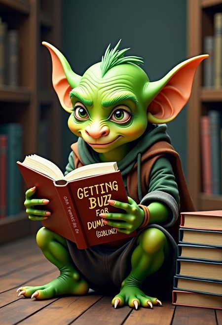 A green-skinned goblin reading a book called "GETTING BUZZ FOR DUMMIES (GOBLINZ)". He is  confused, there is a stack of books  besides him. He is sitting on the floor in a library,