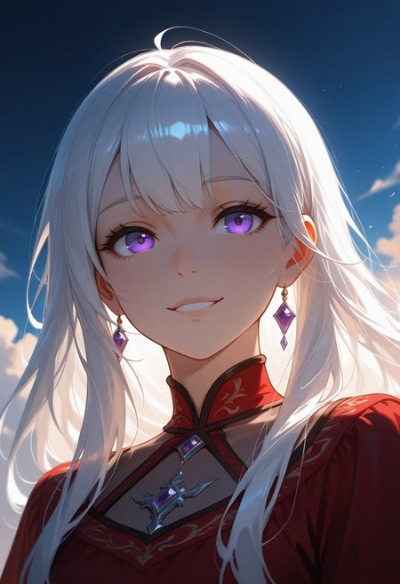 1girl, Aerea Targaryen, A song of Ice and Fire, DnD, Long Lustrious Hair, white Hair, Long white Hair, purple eyes, innocent eyes, young woman (between ages of 18-20), lovely smile, dark background, wearing a red dress, 1girl, childish features, sole girl, dynamic lighting, dynamic angle, cloud, volumetric lighting, blue sky, portrait, upper body,