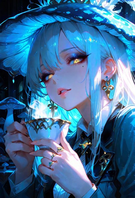 masterpiece, best quality, hyper-realistic, ultra-HD, intricate textures, luminous lighting, cinematic ambiance, shimmering gradients, ethereal glow, deep contrast, soft volumetric fog, subtle particles, radiant reflections, rich color tones, seductive atmosphere, captivating sensuality, Cinematic Lighting,Shadow,backlit, backlighting, 
BREAK
plump glossy lips, flushed cheeks, alluring expression,
BREAK
raytracing, volumetric lighting, ambient occlusion, shimmering particles in the air, intricate cinematic background,intimate and seductive, crafted to captivate and seduce.
BREAK
(sexy, slutty, hot, aroused)
Mad Hatter, mushroom hat, teacup, suit, blue theme,
BREAK
long_hair, looking_at_viewer, holding, jewelry, earrings, parted_lips, finger nails, eyelashes, lips, mole_under_eye, makeup, ring, close-up, stud_earrings, mascara,