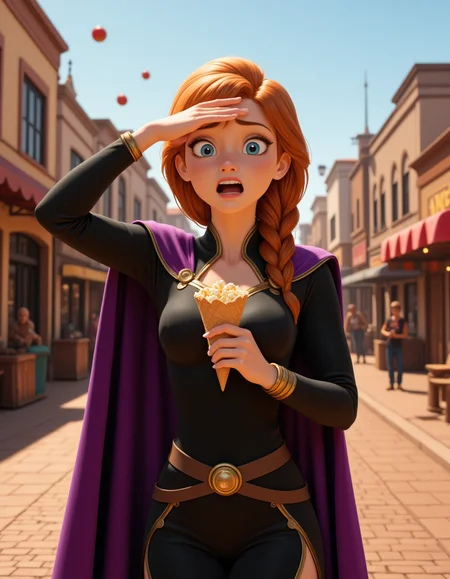 3d CGI Style in a wide shot. Looking at viewer, outdoors in daylight, explicit
She is a 25 year old mature woman, and adult, Enraged with clenched fists, flared nostrils, and eyes burning with fury. 
<lora:Frozen_-_Anna_v2_000030:1> f-anna she has blue eyes, orange hair and a freckled face. Wearing a
Black long-sleeved dress with gold accents, attached brown belt, long purple cloak with satin lining and glittery artwork, hair styled in a half-up braid.
A woman stands amidst a bustling street fair, a cone of buttery popcorn in one hand, her other hand shielding her eyes from the sun as she watches street performers juggle with vibrant energy.