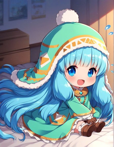 score_9, score_8_up, score_7_up, source_anime, rating_explicit, BREAK  <lora:Runemaster_XL:1>
runemaster, long hair, blue eyes, flat chest, bangs, very long hair, aqua hair, thick eyebrows, blue hair, chibi,
1girl, solo, hat, gloves, open mouth, looking at viewer, dress, smile, flying sweatdrops, green dress, long sleeves, brown gloves, blush, sitting,
room,
