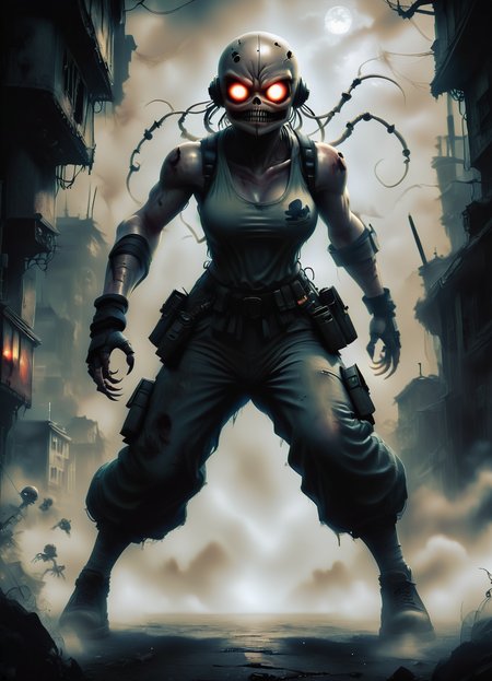 DonMGl00myN1gh7m4r3XL,score_9, score_8_up, score_7_up, score_6_up, female b1-series worker droid, street samurai,, mace,  creepy, gloomy, <lora:DonMGl00myN1gh7m4r3XL:0.65>
