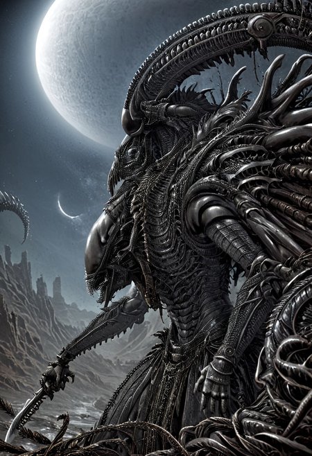 A fantastical image of a silver Xenomorph knight, clad in flowing, flowing robes, wielding an ornate, ornate blade. they wield the sword in a fluid, dynamic motion. The moon's reflection highlights their magical power, solo, wide angle, art by hr giger, Rusted, rusted landscape,