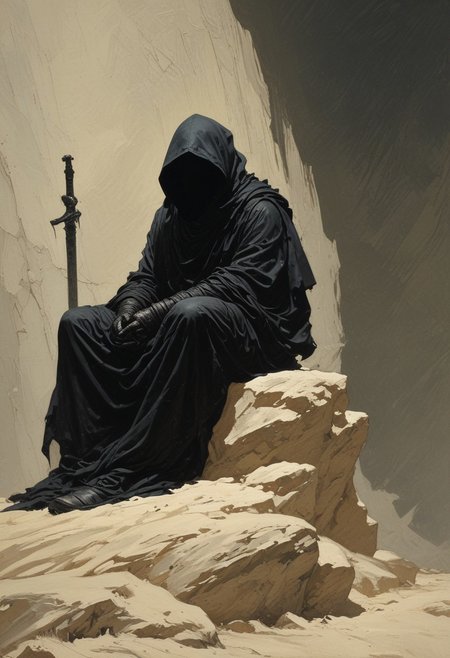A highly detailed illustration of a black-armored figure seated on a rugged rock, head bowed and shrouded by a dark hooded cloak, with a large sword strapped to their back. The entire scene is bathed in cream-yellow tones, from the sandy ground beneath to every object in the background—a surreal landscape where walls, mosque, buildings, and all surroundings are rendered in a uniform, muted cream-yellow. The figure’s deep black armor stands in stark contrast, emphasizing its texture and the mysterious, solemn posture of the character, who appears lost in contemplation amidst a monochromatic, dreamlike setting. (Frank Frazetta fantasy oil painting, illustrated)