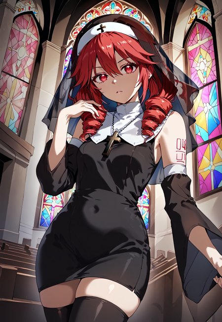 1girl, solo, solo focus, highres, absurdres, SisterTeto, nun, drill hair, red hair, habit, twin drills, red eyes, detached sleeves, shoulder tattoo, cross, black dress, long hair, jewelry, veil, bare shoulders, necklace, hair between eyes, black sleeves, bangs, black thighhighs,

looking at viewer, hand up, holding cross, serious, 

church, stained glass, dark, very dark, night, shade, shadow,