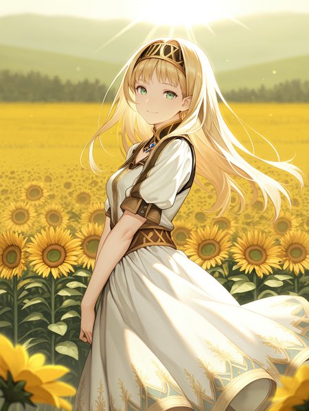 masterpiece, best quality, absurdres,
<lora:ILVPAlicia:1.0>
VPAlicia, 1girl, blonde hair, long hair, green eyes, headband, looking at viewer, summer dress, standing in a field of sunflowers, bright and cheerful, golden sunlight, depth of field, vibrant color balance, dynamic pose