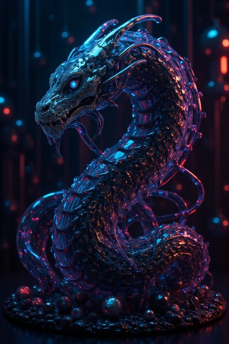 YFG-Ge0m, Futuristic digital sculpture: Robotic serpent with black metallic scales, neon blue with intricate textures and vibrant colors. The scene should include a rich variety of elements, each contributing to the overall atmosphere. Lighting should be soft, diffused, and natural, enhancing the depth and realism of the scene. The mood is to be calm yet vibrant, creating a sense of serenity and wonder. Every detail in the scene should be meticulously rendered, emphasizing the contrast between light and shadow, and capturing the fine textures and subtle gradients. The color palette should be carefully chosen to evoke emotion, with each hue enhancing the aesthetic appeal of the overall composition. The final image should be immersive and captivating, drawing the viewer into its intricately detailed world.