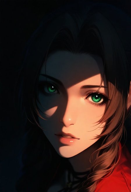 1girl, (aerith_gainsborough), solo, dark, light, masterpiece, best quality, very aesthetic, close up,  parted lips