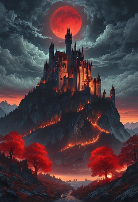 A captivating night scene illustration featuring a forboding and haunted castle on a great  great mountain. The castle and mountain are much like Neuschwanstein Castle in Bavaria.  This enchanting artwork captures a dark and ominous night, where an ominous red bloodmoon hangs above  over the  tree covered mountain range and castle which  stands resolute amidst the great mountains, winged flying creatures flying around, creating a cinematic experience., illustration, cinematic
<lora:DonM3t3rn1tyXL-v1.1:0.7>, DonM3t3rn1tyXL,
OverallDetailXL  <lora:MJ52:0.3>  <lora:SDXLFaeTastic2400:0.4>  <lora:EpicF4nta5yXL:0.7>