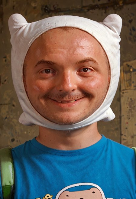 score_9, score_8_up, score_7_up,  MEATMAN f1nn4,1boy,finn the human,adventure time,solo, portrait,smile, <lora:Adventure_Time_Style_LORA:1> dot eyes, blue shirt