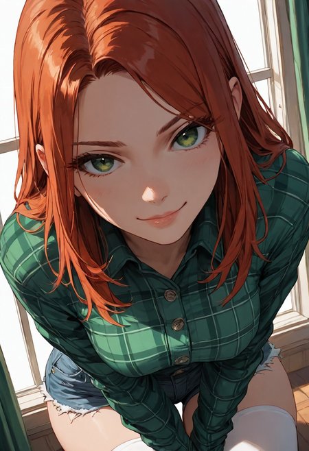 (score_9, score_8_up, score_7_up), zPDXL3, (drawn, wide hips:1.3),1girl, solo, medium breasts, redhead, 
green eyes, long hair, white thighhighs, denim shorts, green flannel, from above,
baroque hall, window, red curtains, (face focus, close-up:1.3),
looking at viewer,
dutch angle, 
smug,