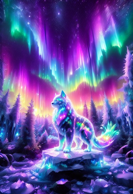 lazympos, morph-aurora, A platinum-tier animal sitting in  an aurora-lit crystal forest, prismatic light shards refract through ice formations, glowing celestial patterns dance across its obsidian collar, hyper-detailed fur texture with rainbow iridescence, 8k resolution.