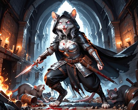 (score_9, score_8_up, score_7_up), Best quality, realistic, photorealistic rendering, ((indoors)), torchlight interplay on fur, stone walls, dungeon, action shot, (dimly lit), Lifelike hair gloss, Photorealistic color grading, expressiveh, full body shot, ((cowboy shot)), ((dynamic angle)),
<break>
Skaven, ratfolk, solo, furry 1girl, grey fur, glowing neon pink eyes, rogue, (medieval leather armor), long black cape, detailed face, knicked ear, black hood, black leather pants, boots, scar over eye, ears through hood, cautious, serious tone, (((detailed fur, fur tufts, thick fur))), (holding a dagger), (((grey fur), silver hair)), medium length hair, (bangs), cleavage, gothic fashion, fighting another, mouth open, angry, blood on dagger, motion blur
<break>
1man wearing cheap armor is large and dirty, eyes closed holding club, blood on body, roar in pain.