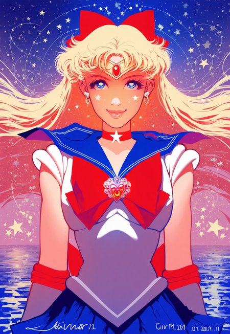 masterpiece, very aesthetic, absurdres, Chr0m1um Style, water, jewelry, lips, brooch, dated, earrings, upper body, long hair, blue eyes, gloves, hair bow, artist name, floating hair, aino minako, heart, sailor collar, blue skirt, looking at viewer, star (symbol), magical girl, closed mouth, circlet, choker, blonde hair, 1girl, sailor venus, solo, skirt, white gloves, smile, heart brooch, sailor senshi uniform, signature, star choker, red bow, blue sailor collar, bow, comic art style, holographic, embossed, chromium, glitter