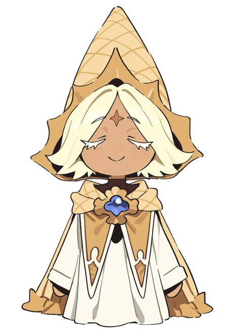 whoopsatr,  anime, masterpiece, best quality, detailed background, 8k, 1boy, solo, pure vanilla cookie, tan skin, blonde hair, short hair, parted bangs, white eyelashes, forehead marking, hat, cone hat, yellow cloak, brooch, white robe, dark brown undershirt, closed eyes, chibi, standing, white background, smile, full body, staring at viewer, no pose,