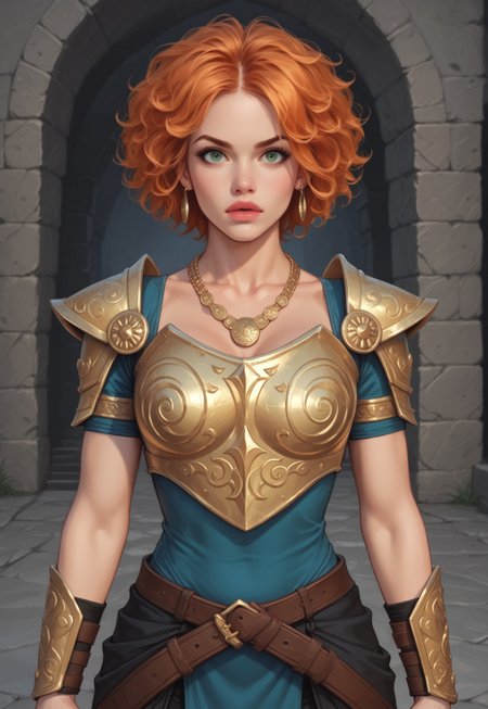 safe_pos, score_9, score_8_up, score_7_up, score_6_up, fearless warrior, intricate golden armor, mythical, flowing ginger hair, hyper-realistic, epic angle, dramatic lighting, wielding a legendary flaming sword, powerful physique, fierce expression, piercing emerald eyes, ready for battle
BREAK
standing atop a ancient stone fortress
BREAK
source_action_art, rating_explicit, awe-inspiring, upper body, dynamic pose, powerful stance
BREAK
highly detailed environment, crumbling stone walls, distant mountain range, stormy skies, flickering torches, battle-ready ambiance