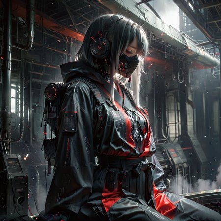 pov from side, 1girl,(slim body: 1.1),(sfw:2),(long white hairs:1.6), (cowboy shot: 1.3), sitting,(normal legs pose: 1.3),futuristic backpack, space station, normal posing, (huge spacestation in background: 1.2) ,<lora:hinaMaybeBetterPoseXL_v5-NoobAI:0.7>,
(she wears dark grey japanese futuristic clothes, fully covering her body with her face not showing:1.6), with a large hood , ultra detailled,
(white, black, and red deep colors contrasts: 1.3),(inverted gravity: 1.3),
(floating particles: 1.3),
(volumetric fog: 1.1),
(masterpiece:1.4), (best quality:1.4), (ultra-detailed:1.3), (high resolution:1.3), (intricate details:1.2), (4K:1.3), (8K:1.3), (cinematic lighting:1.2)
(photorealistic:1.4),(HDR:1.3), (ray tracing:1.2), (volumetric lighting), (global illumination),dslr, f/1.4 aperture, professional lighting
dramatic lighting, cinematic shadows, ambient occlusion, physically based rendering, hyperrealistic textures,(realistic DOF:1.3),
(white, red, and dark contrasts and colors only: 1.3),<lora:- iLL - the_edgy_mech_V2.0-:1.1> <lora:cfg_scale_boost:0.7>, <lora:TNB_XL:1>