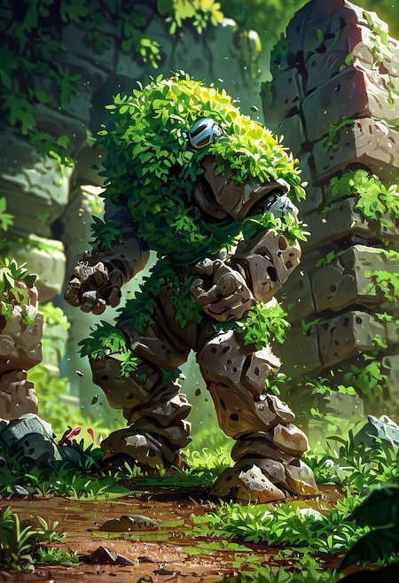 score_9,score_8_up,score_7_up, AUTOMATON, 
giant rock golem with plants growing on shoulders, rough rocks, rough stone, unpolished, dirty, ancient, STANDING,
