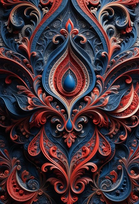 photo of a paisley pattern, boteh, paisley, navy blue, madder red, almond, entwined paislies, official art, aesthetic, dynamic angle, hyper detailed, order and chaos, dark colors, (extremely detailed, intricate details, masterpiece, best quality, 8k wallpaper:1.4), dramatic lighting, (dark blue and madder red palette:1.2), twisting paisley