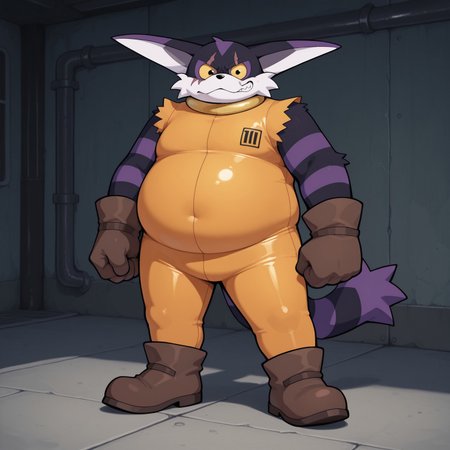 Smallsthecat, Solo, 2d, 1boy, male, Feline, furry, furry male, cat, male, long ears, black fur, purple fur, white fur, multicolored fur, white muzzle, black nose, eye scar, yellow sclera, black pupils, orange prison bodysuit, sleeveless, striped fur, brown gloves, brown boots, fat

BREAK full body, standing, looking at viewer 