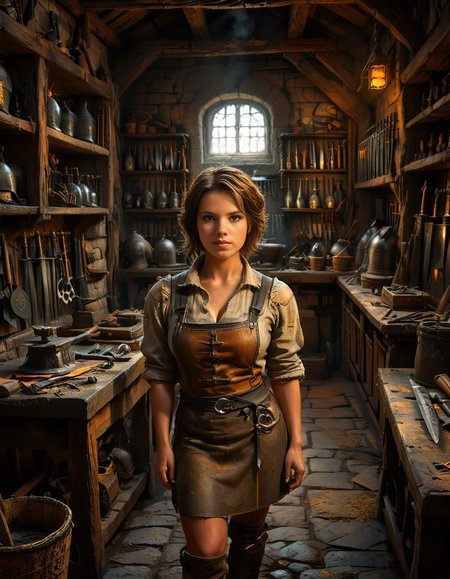 looking at viewer,(A strong and elegant female,1girl,short brown hair,medium breasts:1.3), blacksmith standing confidently in her medieval forge shop,medieval f0rg3 sh0p. She has a determined expression on her face, with soot and ash lightly marking her skin. She is wearing a thick leather apron with scorch marks, a rolled-up linen shirt underneath, and sturdy boots. Her muscular arms are visible, showing the strength of her craft. The background shows a dimly lit, rustic workshop filled with medieval tools: an anvil, a glowing furnace, hanging tongs, and shelves lined with metallic objects like swords and horseshoes. The warm orange glow of the fire contrasts beautifully with the dark, shadowy corners of the shop. The atmosphere is filled with details of realism, evoking a sense of hard work and medieval craftsmanship.<lora:SDXLFaeTastic2400:0.4> <lora:extremely_detailed:0.4> extremely detailed, <lora:medieval_f0rg3_sh0p:1>, Masterpiece,best quality,hi res,8k,hi res,8k,award winning,(sharp focus, intricate, highly detailed),