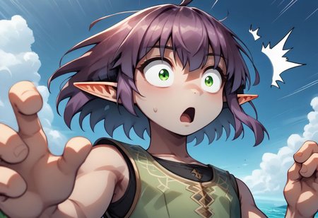 Lapanya, 1 person, solo, pointy ears, ((snout nose)), flat chest, small nostrils, short stature, skinny arms, ((hazel irises)), fair skin, ((dark lilac hair)), short hair, tomboy haircut, small nostrils, 3 fingers 1 thumb ((Sleeveless green vest, fitted black undershirt, black pantaloons, fully clothed))
Falling from the sky, midair, falling towards the ocean, wide eyes, shocked expression, open mouth 
Clouds above, ocean below
clean lines, up close, upper body focus, highly detailed face, high quality, best quality,  score: 9, score: 8 up, rating: safe