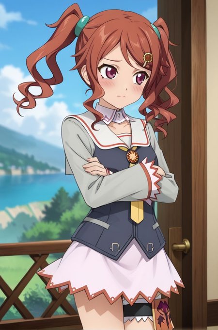 <lora:add-detail-xl:1>source anime, detailed, official art, masterpiece,
<lora:HandFineTuning_XL:1>
BREAK,
indoor, blurry background, 
looking away, embarrassed, blush, looking away, arms crossed,
BREAK,
<lora:droitegauche_pdxl_v01_1:0.9>tovgauche, brown hair, brown eyes, twintails, sailor collar, long sleeves, red hair, purple eyes, yellow necktie, frilled sleeves, white skirt, thigh strap, detached collar