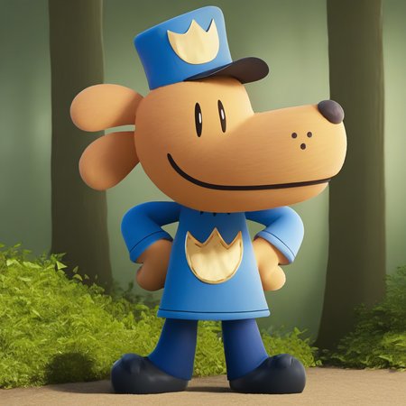 <lora:dogman_Illustrious_Mlaofmd-10:1.0>, masterpiece, high quality, absurdres, BREAK,  no humans, dogman, solo, black eyes, beige fur, dog ears, hat, police hat, blue shirt, blue pants, black shoes, police uniform, forest, standing, smile, hands on hips, looking at viewer