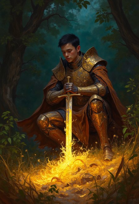 DB4RZ,<lora:FLUX-daubrez-DB4RZ-v2:1>,A lone swordsman, clad in ornate armor with gilded accents, crouches in a dynamic three-quarter pose. His resoluteness is palpable as he plunges a magnificent, incandescent blade into the earth. The terrene palette, dominated by ochres and umbers, evokes a twilight forest clearing illuminated by the ethereal glow emanating from the sword. This luminescence should be the cynosure of the composition, casting long, dramatic shadows that dance upon the meticulously rendered blades of grass and foliage in the foreground. Employ a shallow depth of field to further accentuate the effulgent blade, blurring the sylvan backdrop into an impressionistic tapestry of tenebrous hues. The image should exude an atmosphere of solemnity and latent power, akin to the pregnant pause before a tempest.