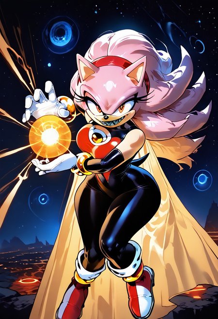 score_9, score_8_up, score_7_up , masterpiece,
Kamehameha-Trow,outstrecthed arms,palms facing forward,fingers slightly curled,claw-like gesture, yellow Energy sphere, holding energy sphere,holding a glowing orb, yellow light, yellow ring,
 ,beautiful,1 girl, solo. big breast, wide hips, sonic the hedgehog,
Possesed_AmyEXE, 1girl,long hair, smile, gloves, animal ears, pink hair, sidelocks, hairband, boots, teeth, shiny, white gloves, sharp teeth,furry, large eyes, furry female, red hairband, body fur, animal nose, two-tone fur, pink fur, wild Red eyes, flying,
, SinestronCOS,thighhighs,violet gloves,skin tight,bodysuit,superhero,black bodysuit,yellow bodysuit,sinestrocorps symbol on chest, , knee boots, white boots,sinestrocorps symbols on chest, anime art style, starry background, outerspace,