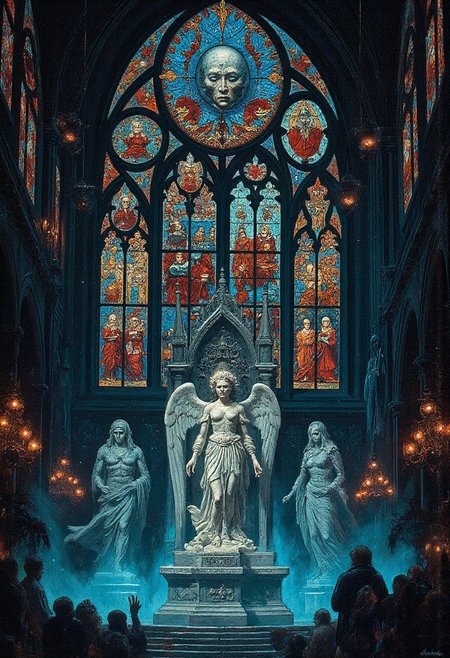 An immense cathedral made of stained glass panels refracting fractured twilight into vibrant but unsettling colors, the air inside is dense with frost and shimmering motes of ice dust, anguished cherub statues with cracked porcelain faces weep molten gold from their hollow eyes, suspended chandeliers of icicles glint with ethereal light, spectral priests shrouded in frosty chains drift silently through the frozen sanctuary, the style evokes the intricate, gothic details of Hieronymus Bosch with haunting religious overtones, blending hyper-detailed architecture with grotesque, otherworldly beings, the colors are vivid but cold, like stained-glass brought to life in an ominous palette.
, Vibrant, grotesque, and surreal with bold contrasts, heavy black outlines, and a blend of dreamlike autumnal hues; a mix of neon, retro, and pagan elements, inspired by Sean Aaberg’s punk-infused, chaotic energy and dreamcore's eerie, nostalgic undertones