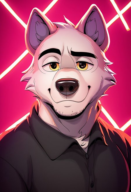 Masterpiece, score_9, score_8_up, beautifully detailed,(  lines_light_background:1.4), (big white lines background:1.2), neon light background, gradient orange to brown background, white dog, gh0stfood, shirt, male, anthro, muscular, mature