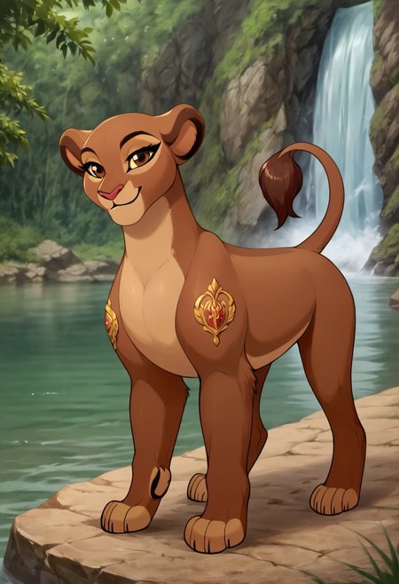 score_9, score_8_up, score_7_up, by reallynxgirl,  BREAK, solo, rani, lioness, ((feral)), female lion, fullbody,  brown body, reddish brown eyes, smiling, seductive pose, detailed background,  (seductive pose:1.2), (raised tail:1.6), lake, waterfall background, detailed background, front view, (seductive face), (teasing), (looking at viewer)