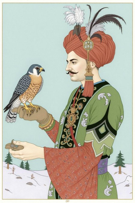 olgadugina1 illustration. 
A man in traditional attire holds a falcon on a gloved hand. He wears an ornate Ottoman turban with feathers and jewels and a green garment with patterns. The background shows a light blue sky and a snowy landscape with sparse trees. <lora:olgadugina2_cap_d6a3e9:1.0><lora:858115877390821795:0>