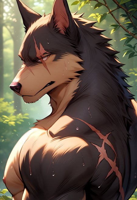 score_9, score_8_up, score_7_up, 8k, detailed design, detailed background, detailed characters, masterpiece, anthro only, furry only,   <lora:Gleipnir-000002>, gleipnir, dark fur, scar, dog boy, naked, upper body only, sweaty, very sweaty, side view,  outside, forest,