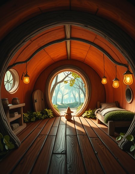 A highly detailed, realistic photograph of a tiny gnome house nestled at the base of an ancient oak tree, taken in soft morning light with a gentle mist hanging in the air. The house is crafted from natural materials: smooth stones form the lower walls, and curved wooden planks create a round, thatched roof with patches of moss and small wildflowers growing on top. Tiny circular windows with stained glass panels glow faintly from within, casting warm amber and green hues. A miniature wooden door with intricate carvings sits slightly ajar, surrounded by tiny lanterns that hang from delicate hooks, each softly glowing. Around the house, the forest floor is covered in dew-kissed clover, mushrooms of varying sizes and colors, and winding little cobblestone paths. In the background, tall ferns and oversized leaves tower, giving the scene an enchanted, hidden feel. Subtle rays of sunlight break through the canopy above, highlighting fine details with a dreamy, ethereal atmosphere. Hyper-realistic style, high-resolution, rich earthy tones, with an overall cozy and magical woodland vibe. No creatures or people, only nature and the charming architecture of the gnome's home.
<lora:SDXLFaeTastic2400:0.4> <lora:extremely_detailed:0.4> extremely detailed, <lora:tiny_gnome_h0us3-i:1>,tiny gnome h0us3, Masterpiece,best quality,hi res,8k,hi res,8k,award winning,(sharp focus, intricate, highly detailed),